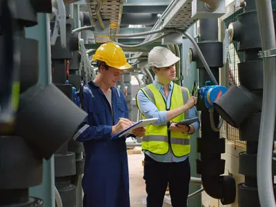 Civil engineer manager and foreman worker checking industry cooling air conditioner water cooling tower air chiller of large industrial building to control air system at construction site